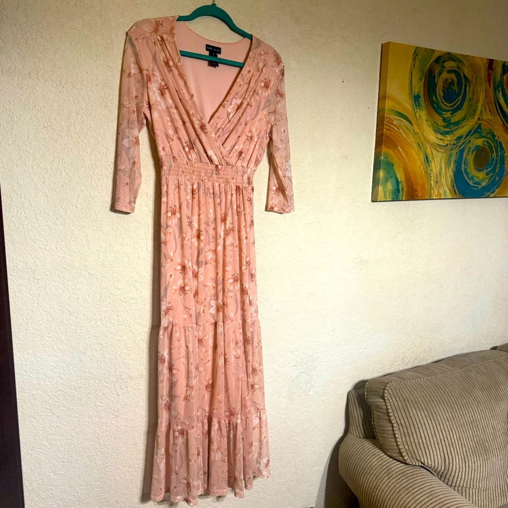 Kate and Lily Mesh Peach Pink Maxi Floral Maxi Dress with 3/4 sleeves size 8